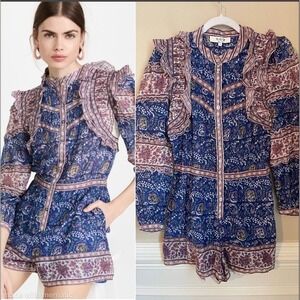 Sea New York Rosita Long Sleeve Romper Blue Floral Size 2 Ruffles Pintucking